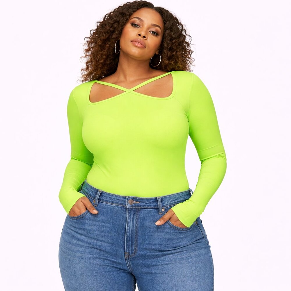 Future Collective Lime Green Bodysuit Long Sleeve Plus Size 4X